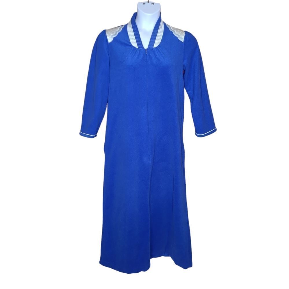VINTAGE 80s art deco‎ royal blue long sleeve  nightgown bathrobe M
